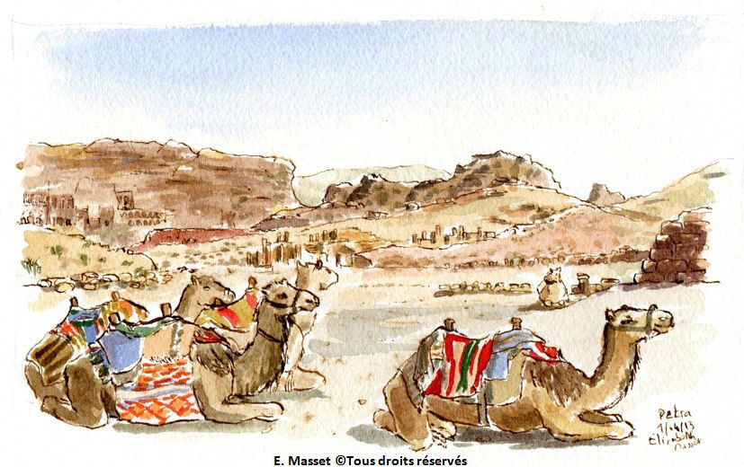 Petra, en JordanieLa ville basse, avec les incontournables chameaux, calèches, chevaux, ânes.... Encre et aquarelle. Avril 2013